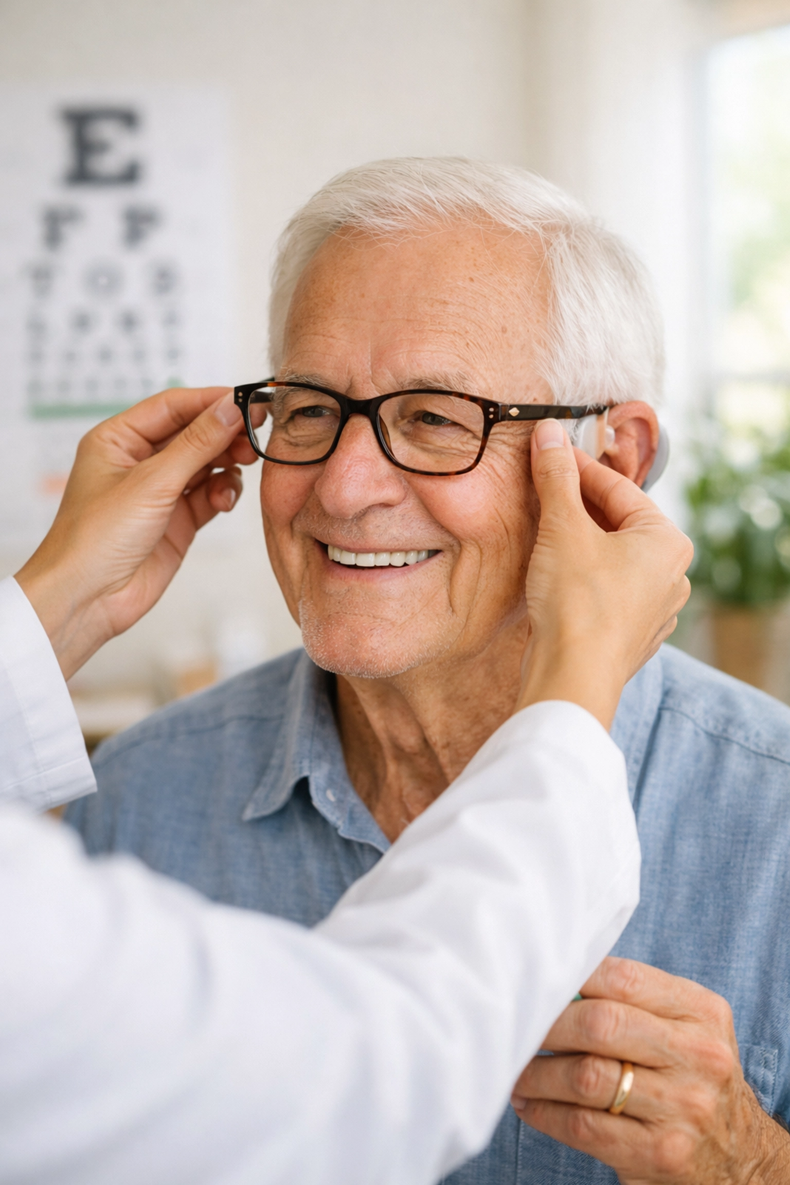 Senior using hearing aids and eyeglasses to improve spatial awareness and reduce fall risk.