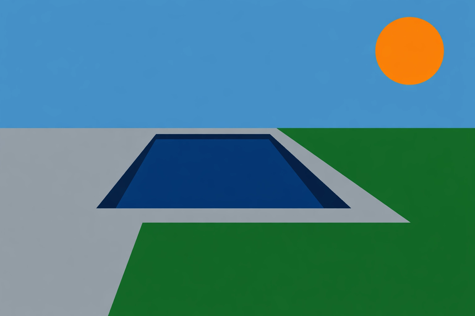 Panoramic landscape design featuring a stone patio, pool, and lawn with expert grading and construction.