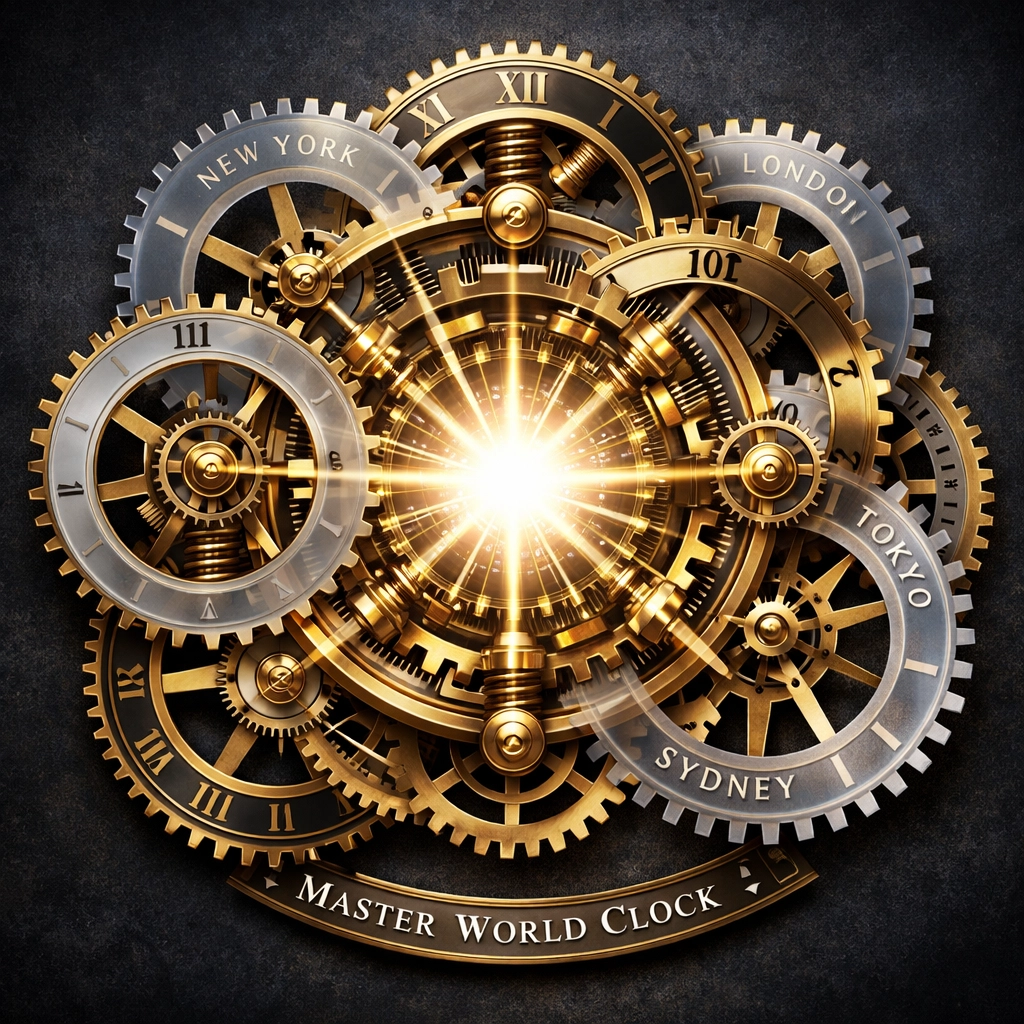 An intricate clockwork mechanism symbolizing perfect time zone coordination across a global network.