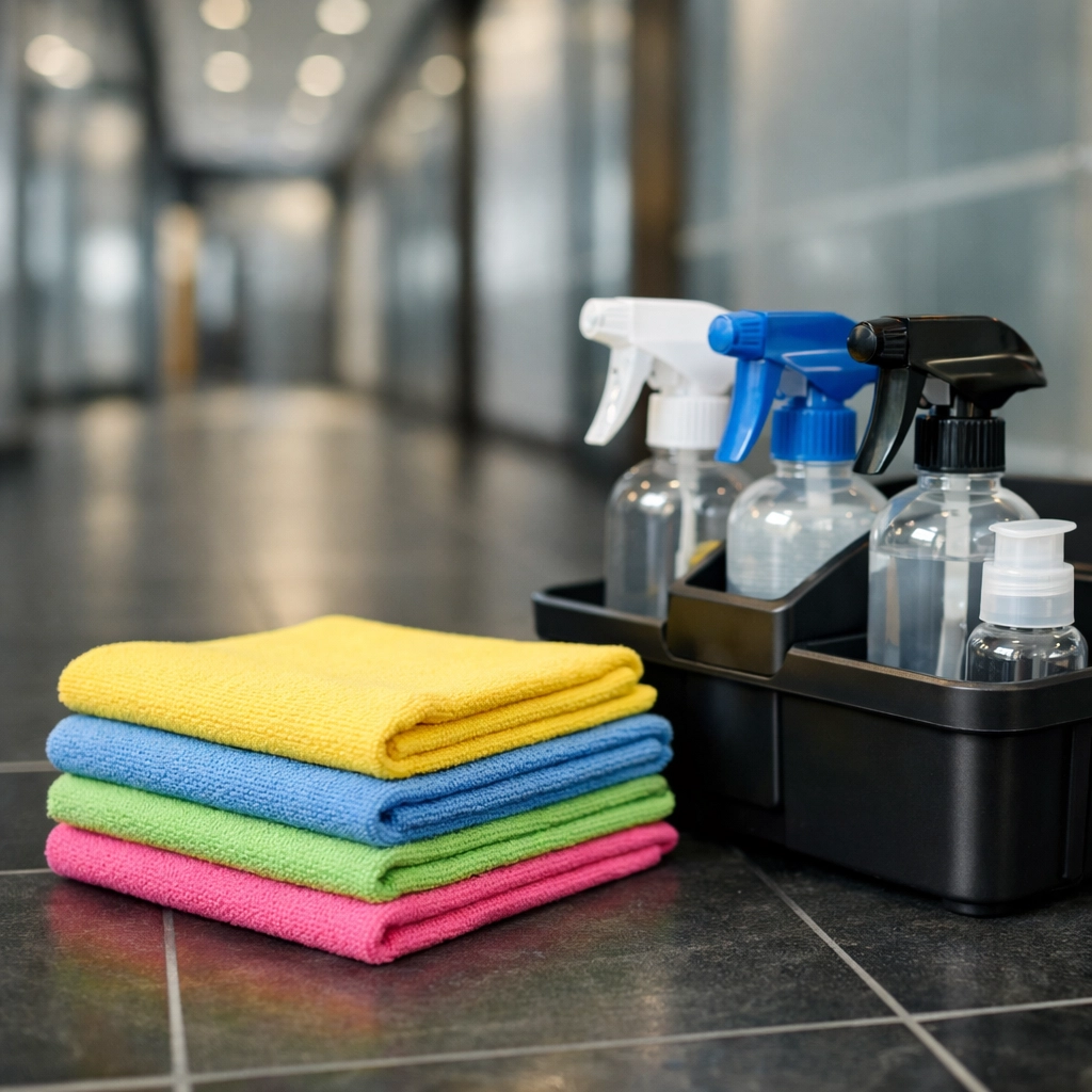 Organized professional cleaning supplies highlighting operational reliability in a corporate office.