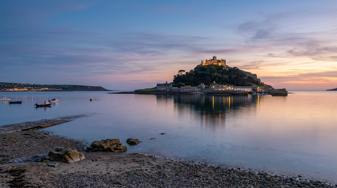 A peaceful view of St Michael's Mount across the calm waters of West Cornwall