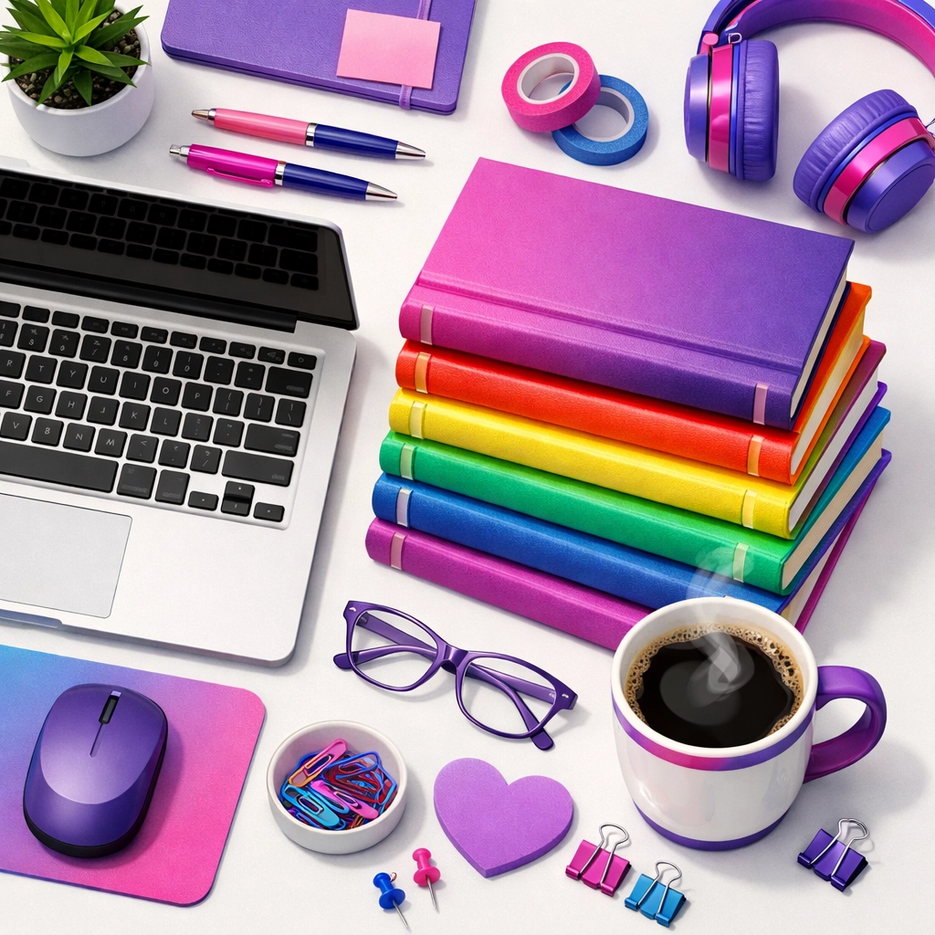 A modern writer's desk with rainbow books, perfect for authors publishing LGBTQ+ fiction and MM novels.