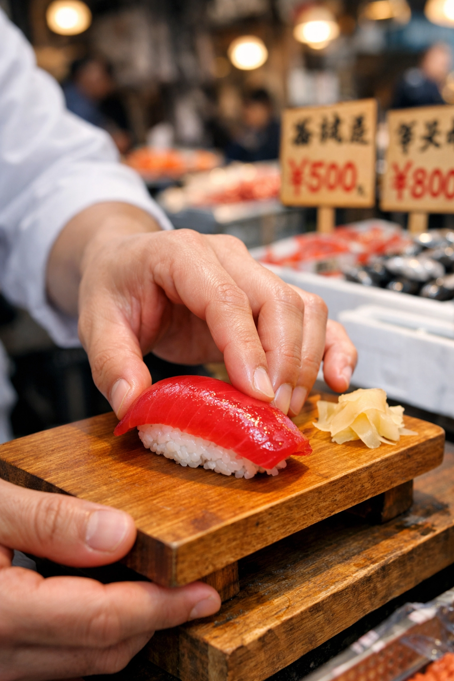 Fresh tuna nigiri at a Tsukiji sushi stall, showcasing high-quality fish and the best cheap eats.