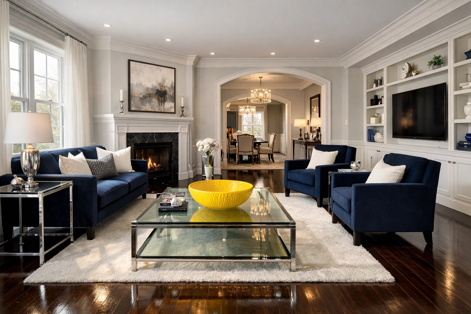Spotless luxury living room after deep cleaning in Leominster MA, perfectly prepared for guests.