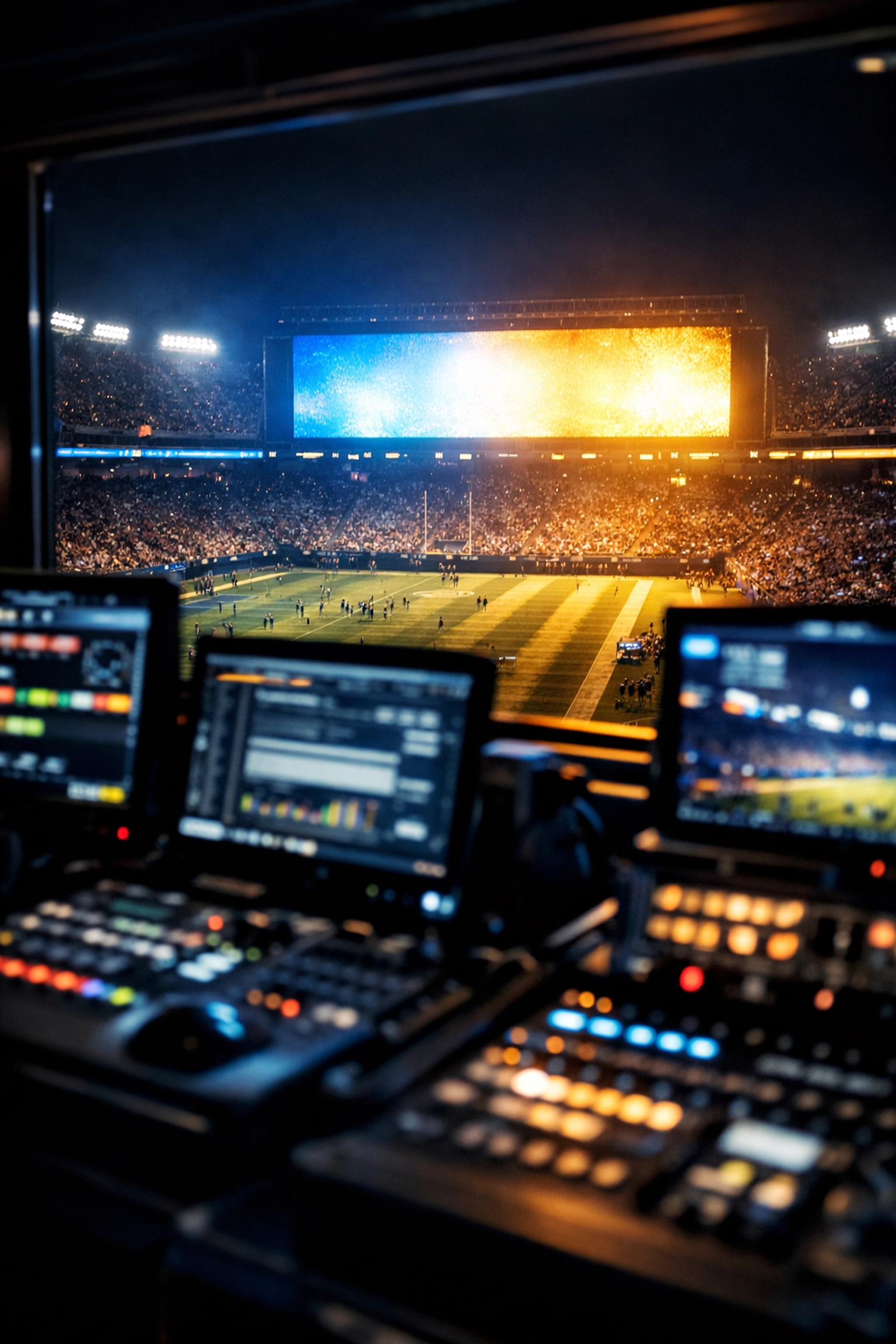 A high-tech broadcast booth overlooking a glowing sports stadium during a major Super Bowl commercial event.