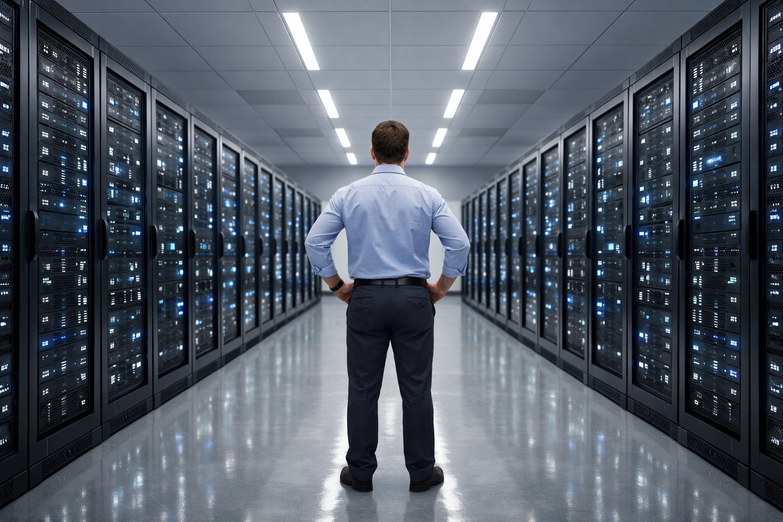 IT Director overlooking an organized data center representing compliant enterprise hardware lifecycle management.