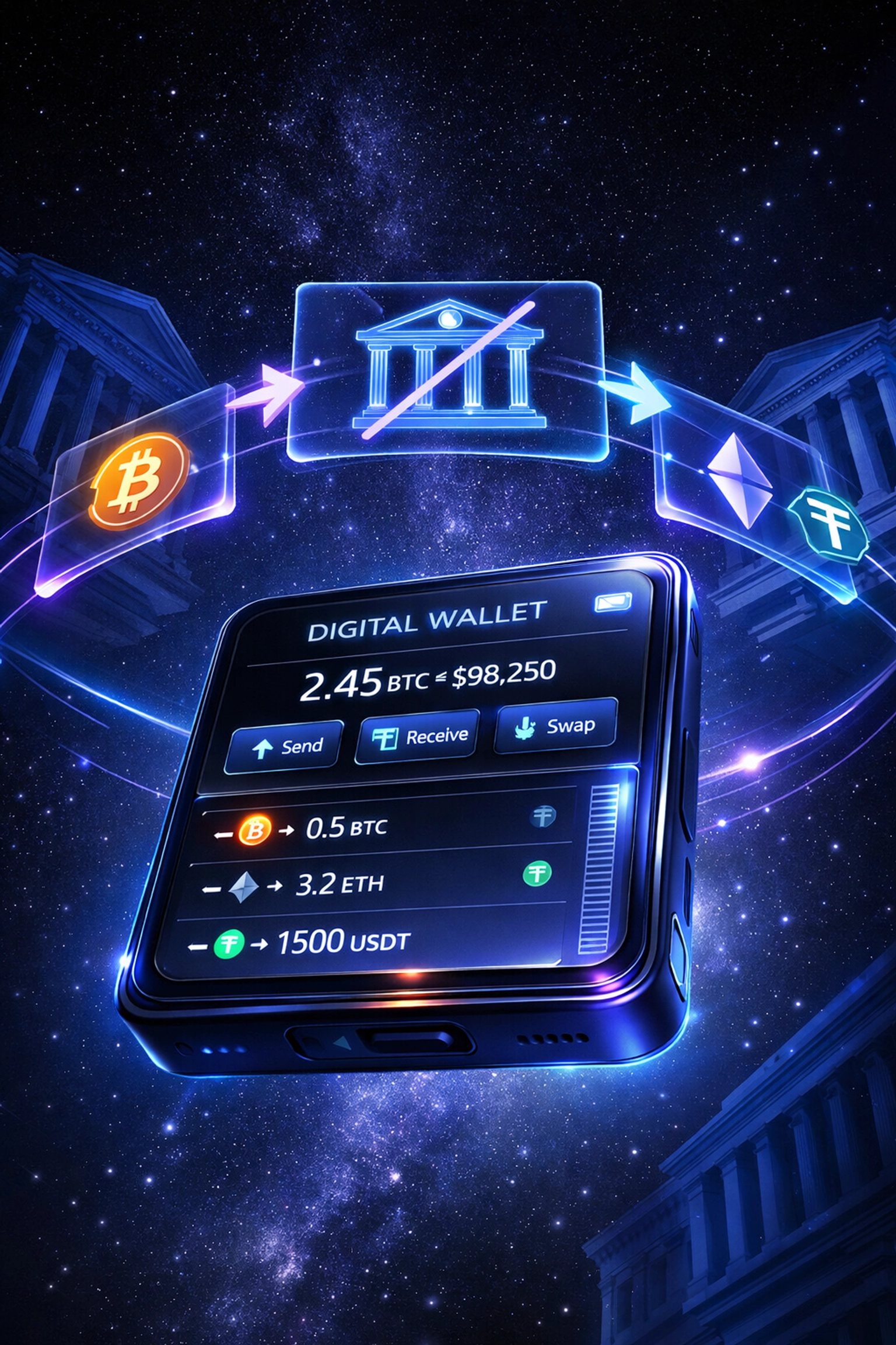 Self-custody crypto wallet bypassing traditional banking intermediaries for direct merchant control