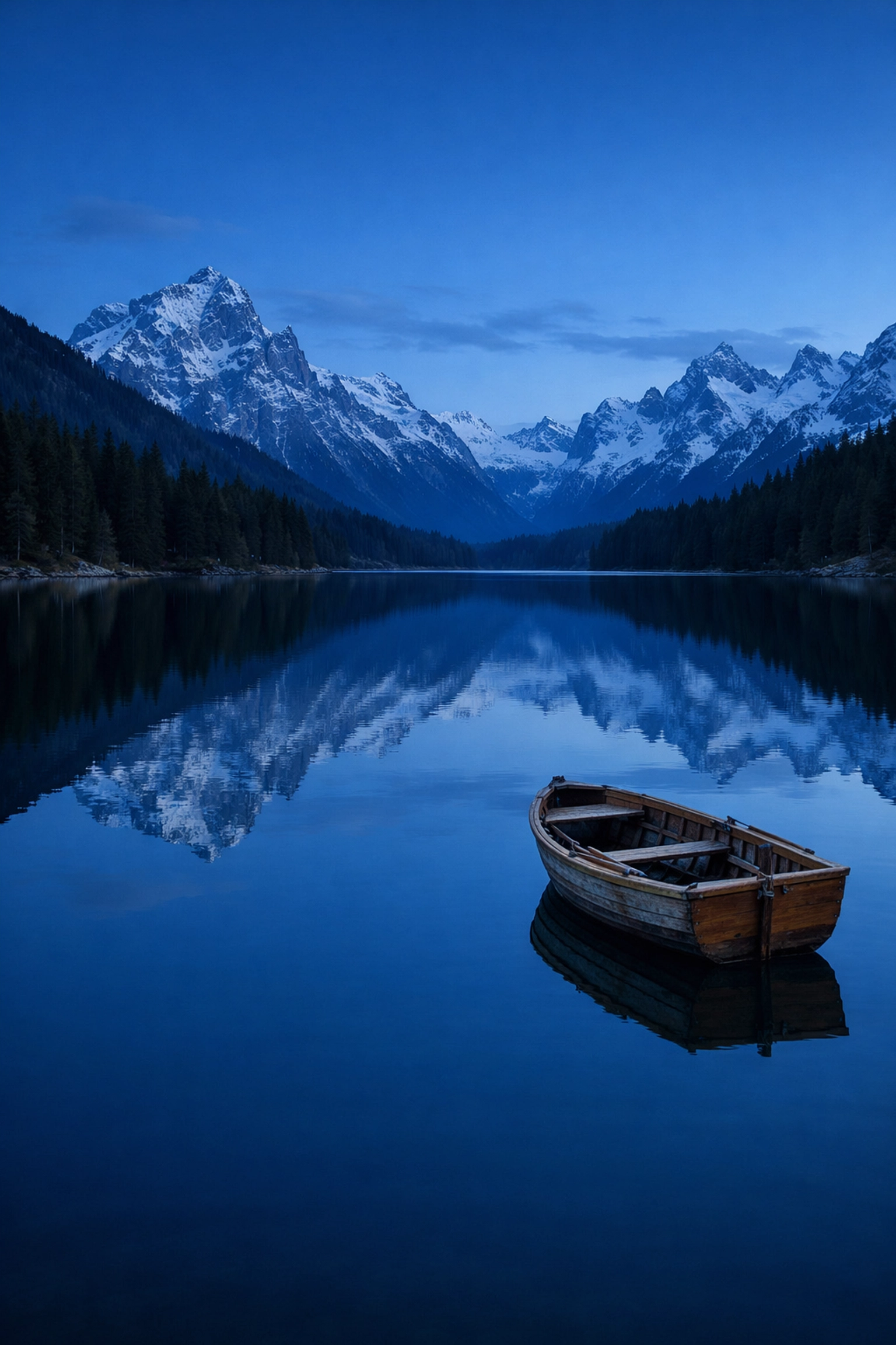 Asymmetric landscape composition of a wooden boat on a calm mountain lake during the blue hour.