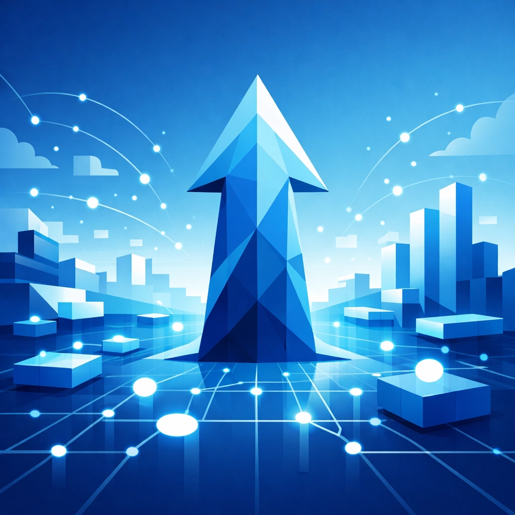 Growth arrow in a digital landscape symbolizing successful digital marketing strategy in the AI era