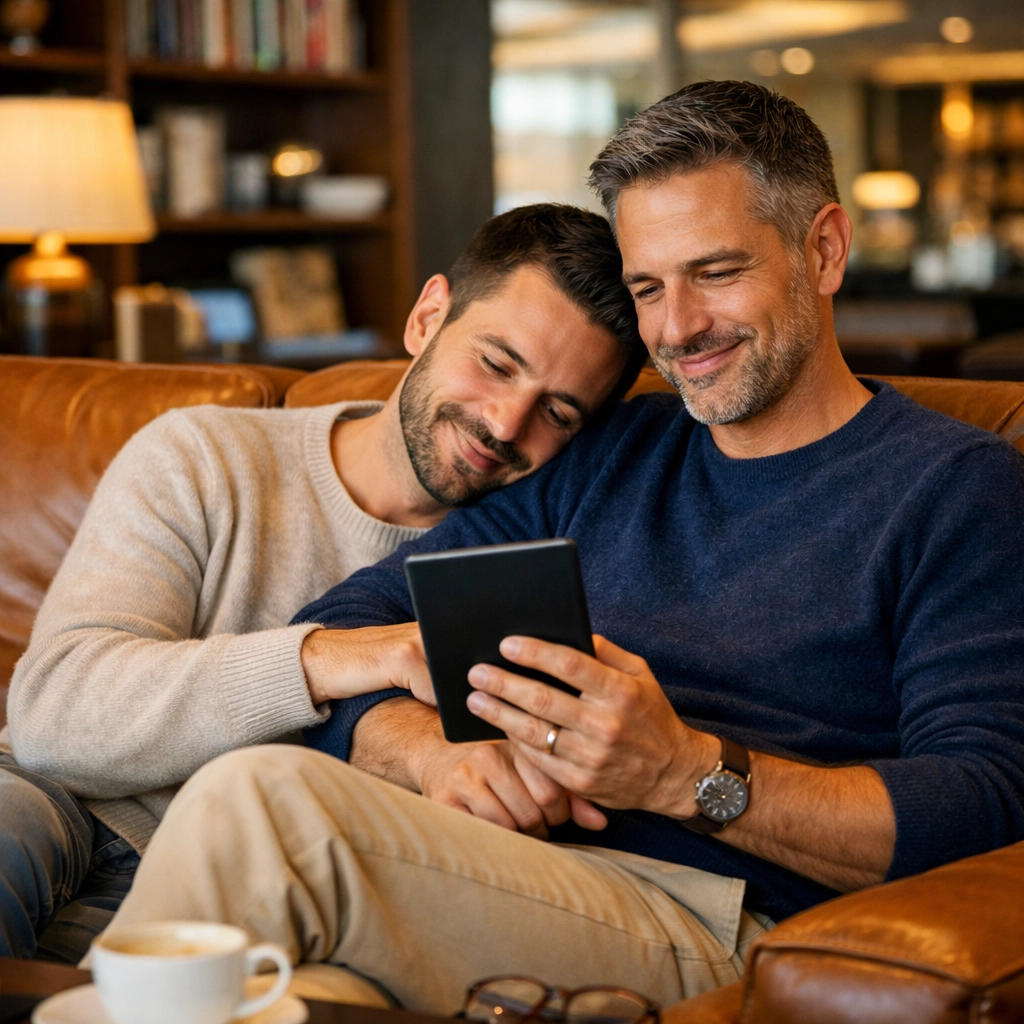 A gay couple reading an e-book together, highlighting the best MM romance and gay author community.