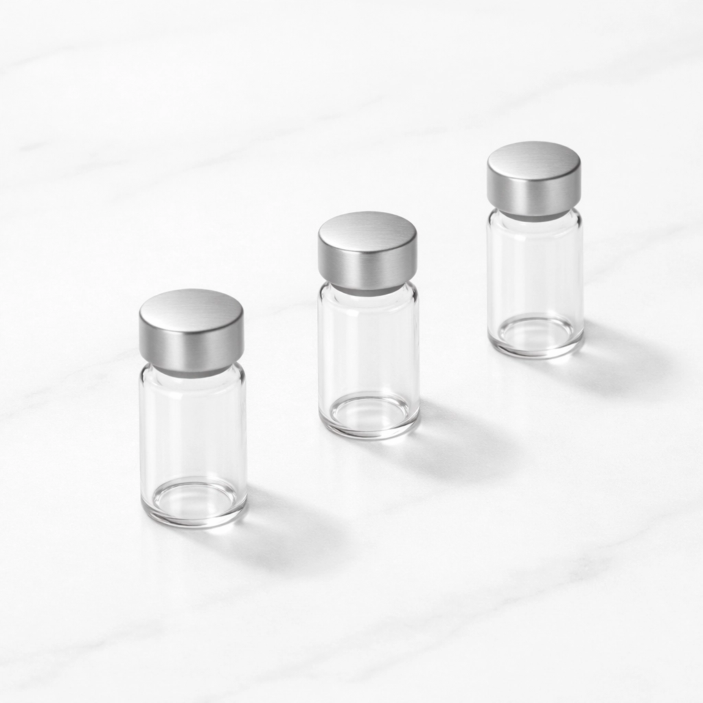 A stack of three Testagen peptide vials arranged on a marble surface for scientific research studies.