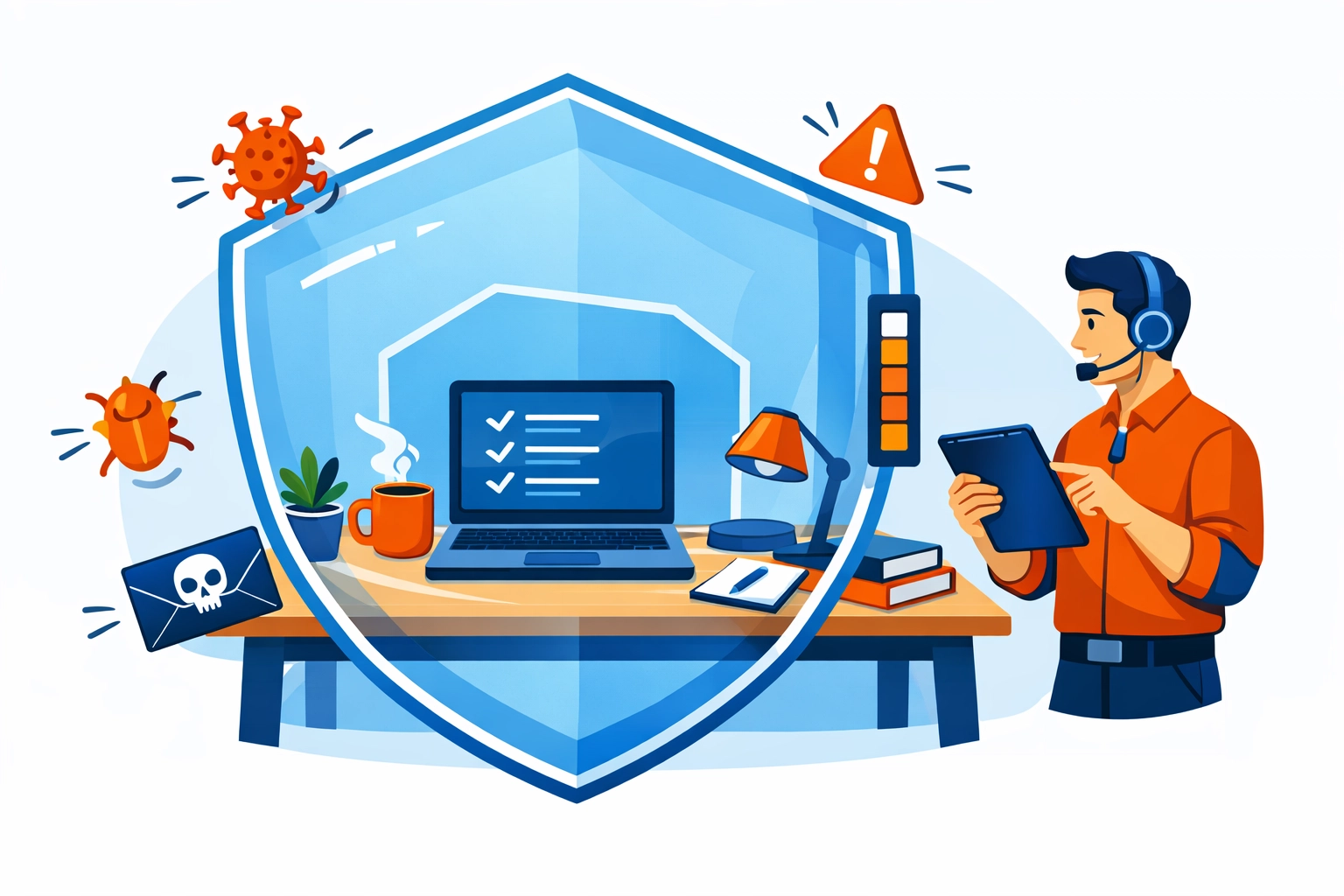 A protective shield over a workstation representing cybersecurity services and IT support for Toronto small businesses.