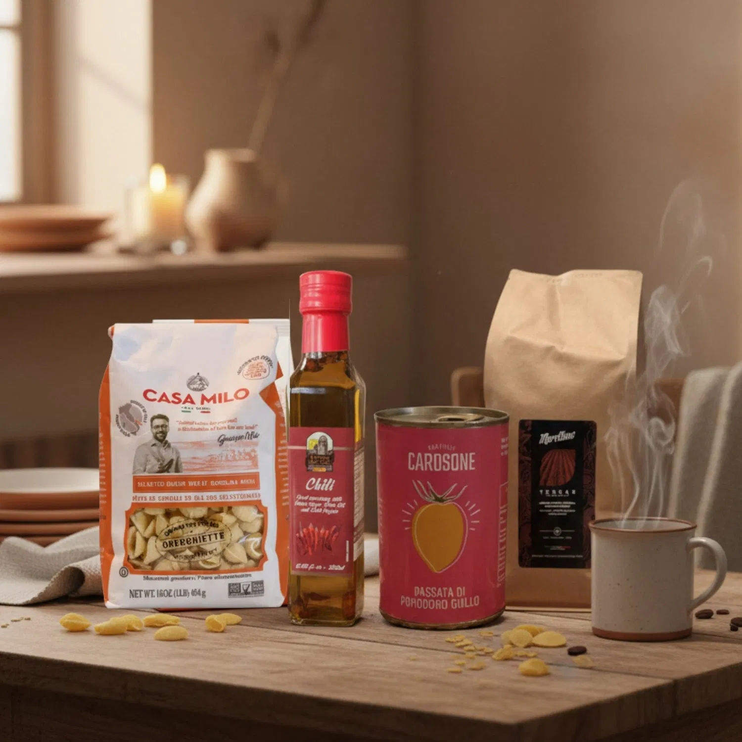 Sicilian essentials set on wooden table