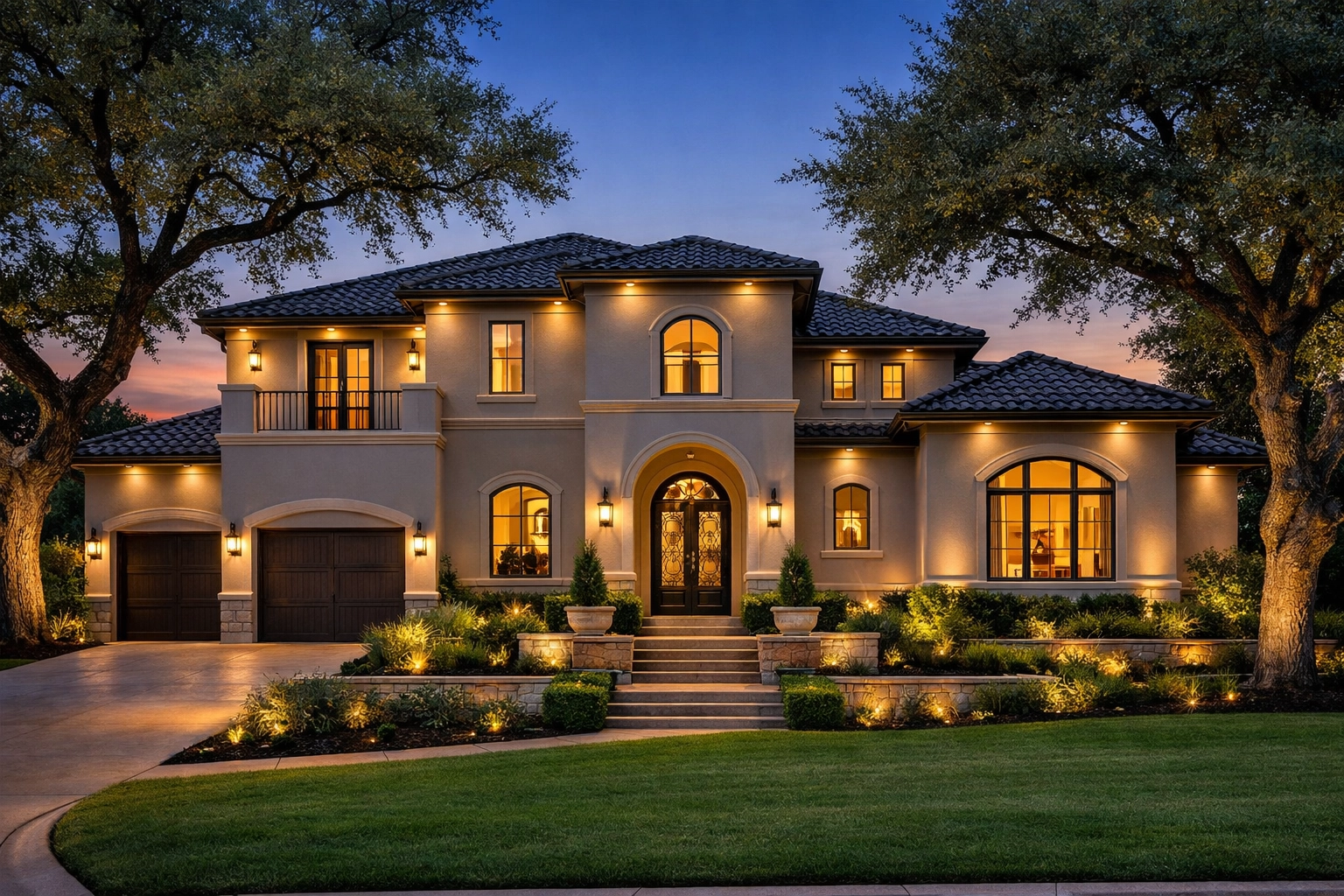 Expertly repainted luxury home in Austin with a durable, uniform stucco finish at twilight.