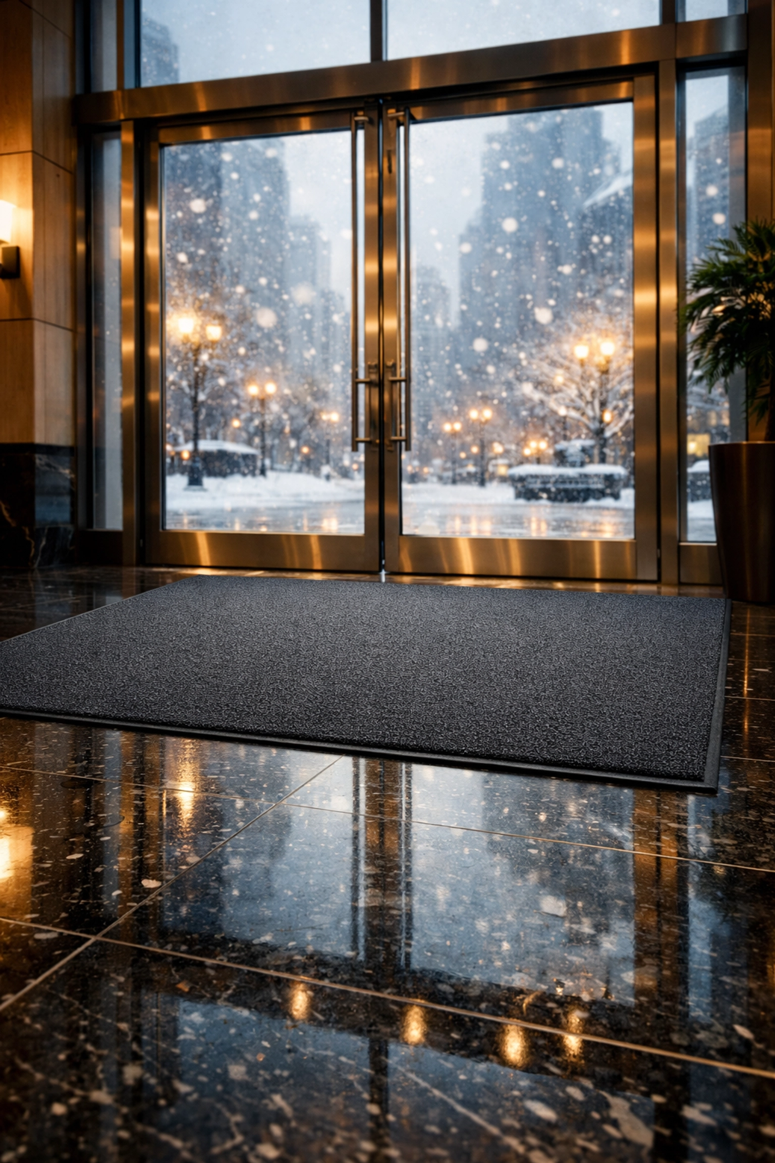 Clean polished marble lobby floor in a Chicago commercial building during winter.