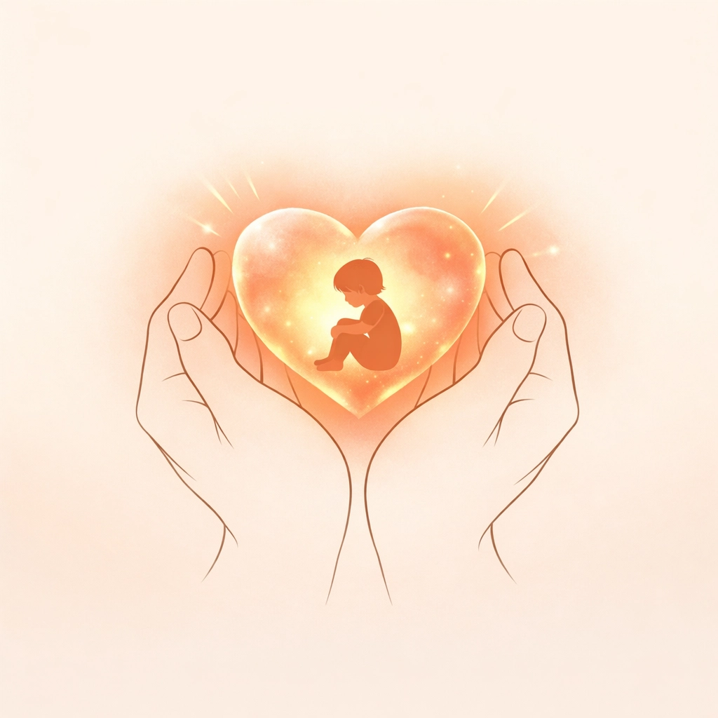 Hands gently holding heart with inner child representing compassion and trauma healing