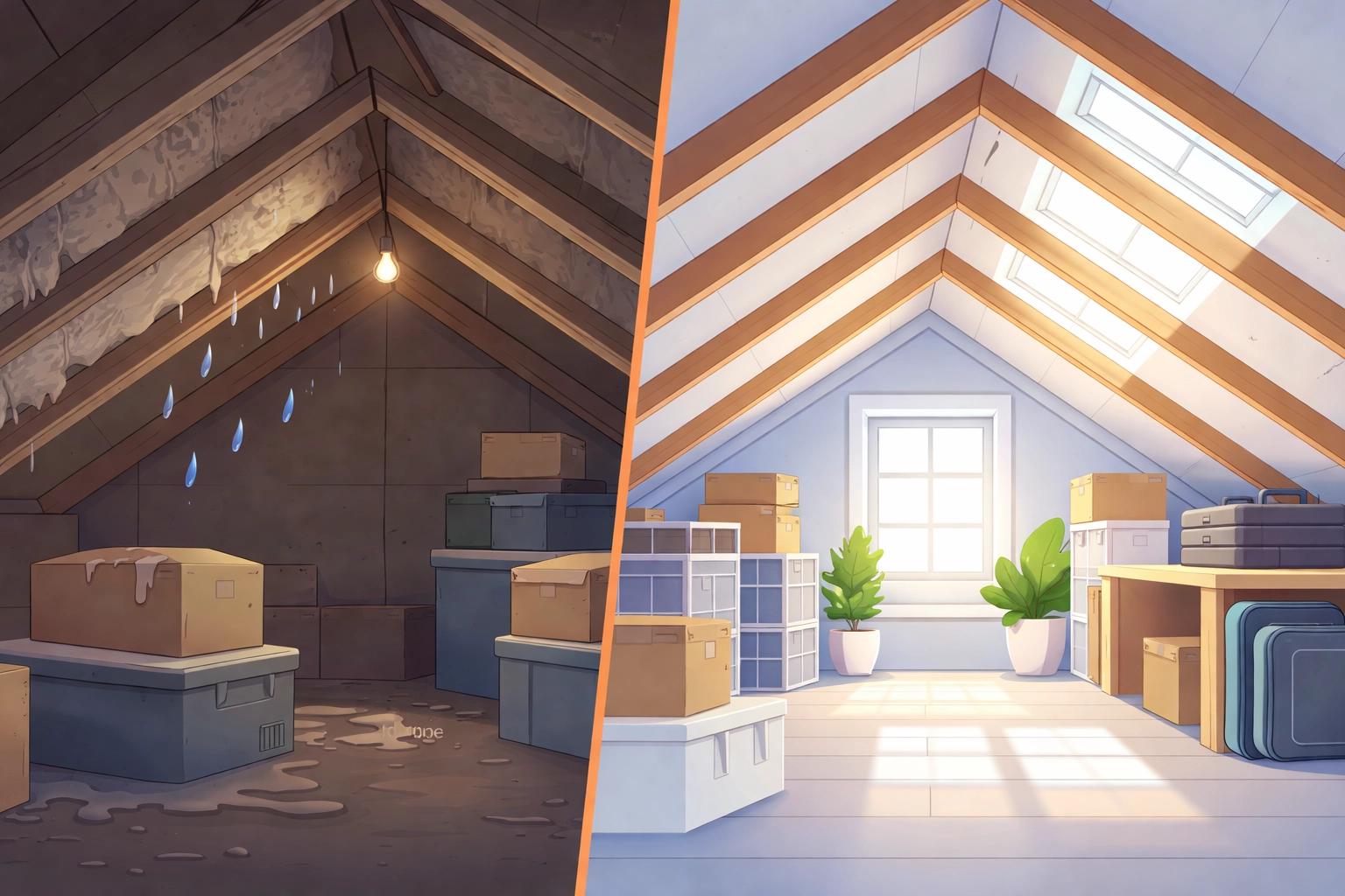 Before-and-after loft showing resolution of red flags, with fixes for insulation and ventilation problems