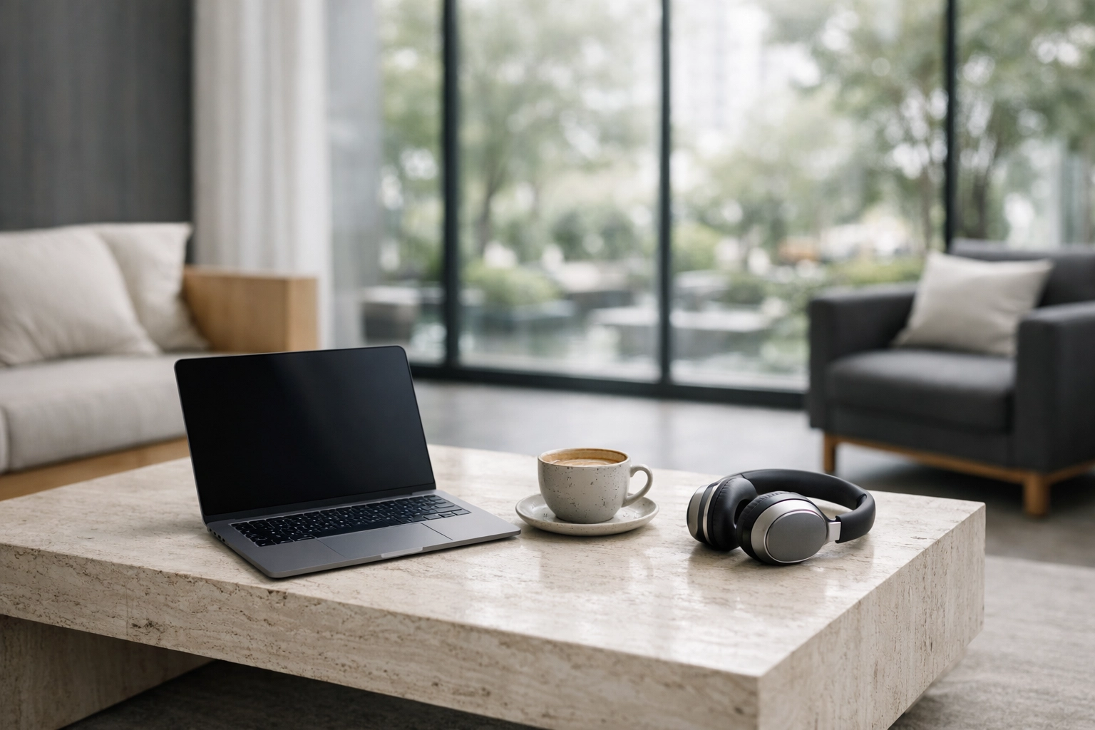 A minimalist hotel lounge designed for blended travel and flexible work-play experiences.