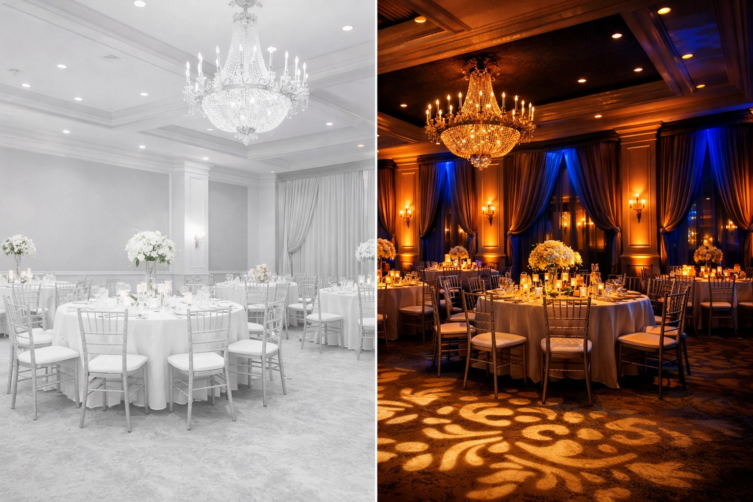 Wedding lighting design comparison showing flat lighting versus layered atmospheric uplighting effects