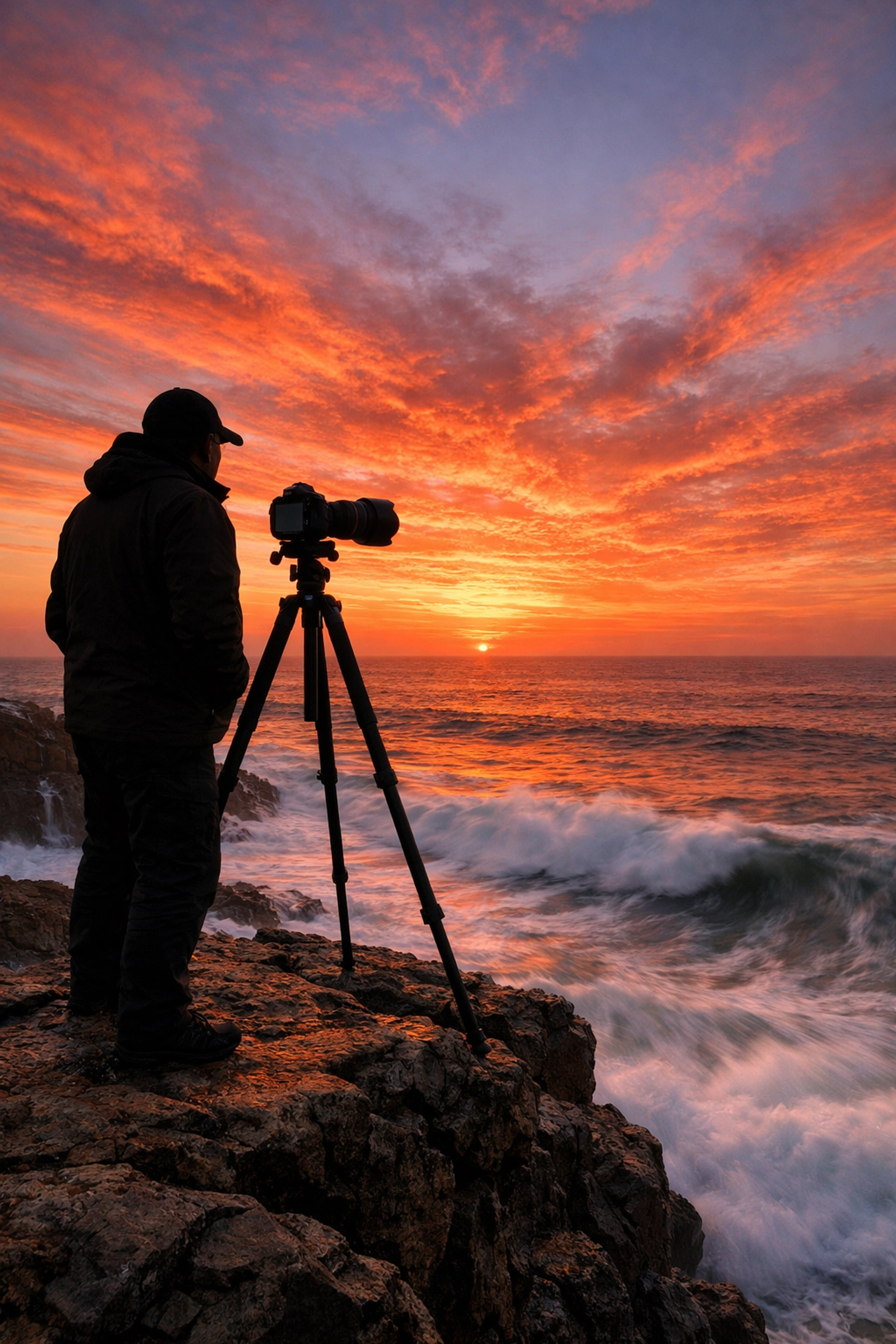 Photographer at sunrise on a cliffside, capturing landscapes inspired by latest photography news.