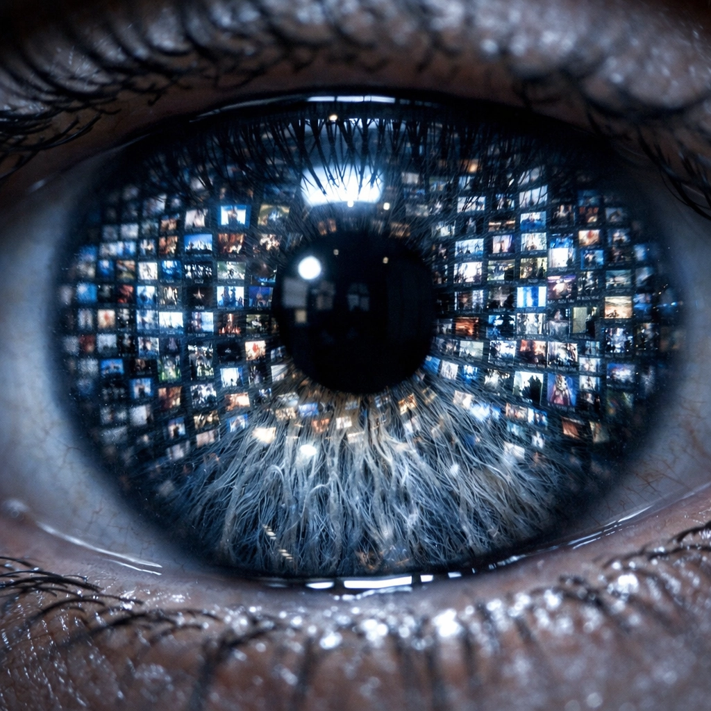 Macro shot of a human eye reflecting a digital photo grid, illustrating the trust crisis in AI photography news.