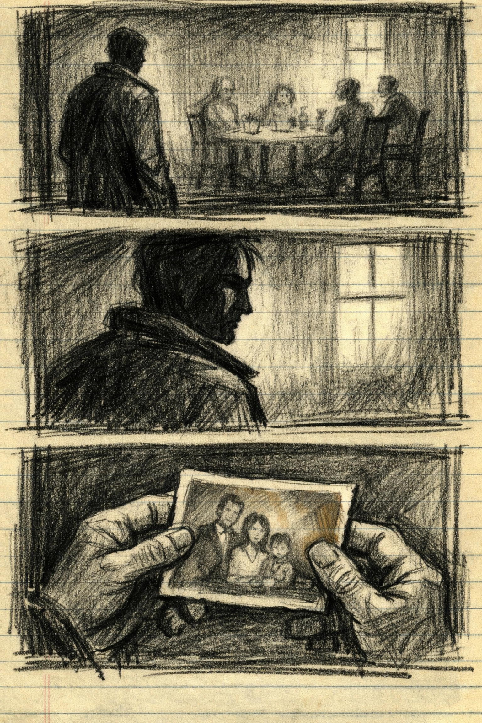 Storyboard panels depicting The Ghost narrator archetype looking back at faded memories in theater