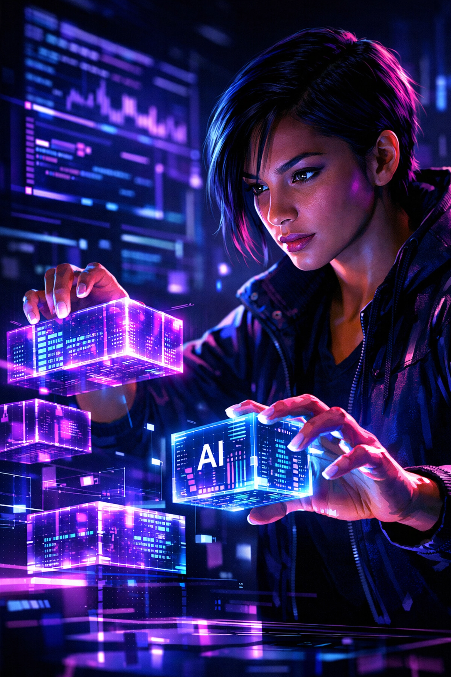 Graduate using a holographic interface to master AI assessments and bridge the career gap.