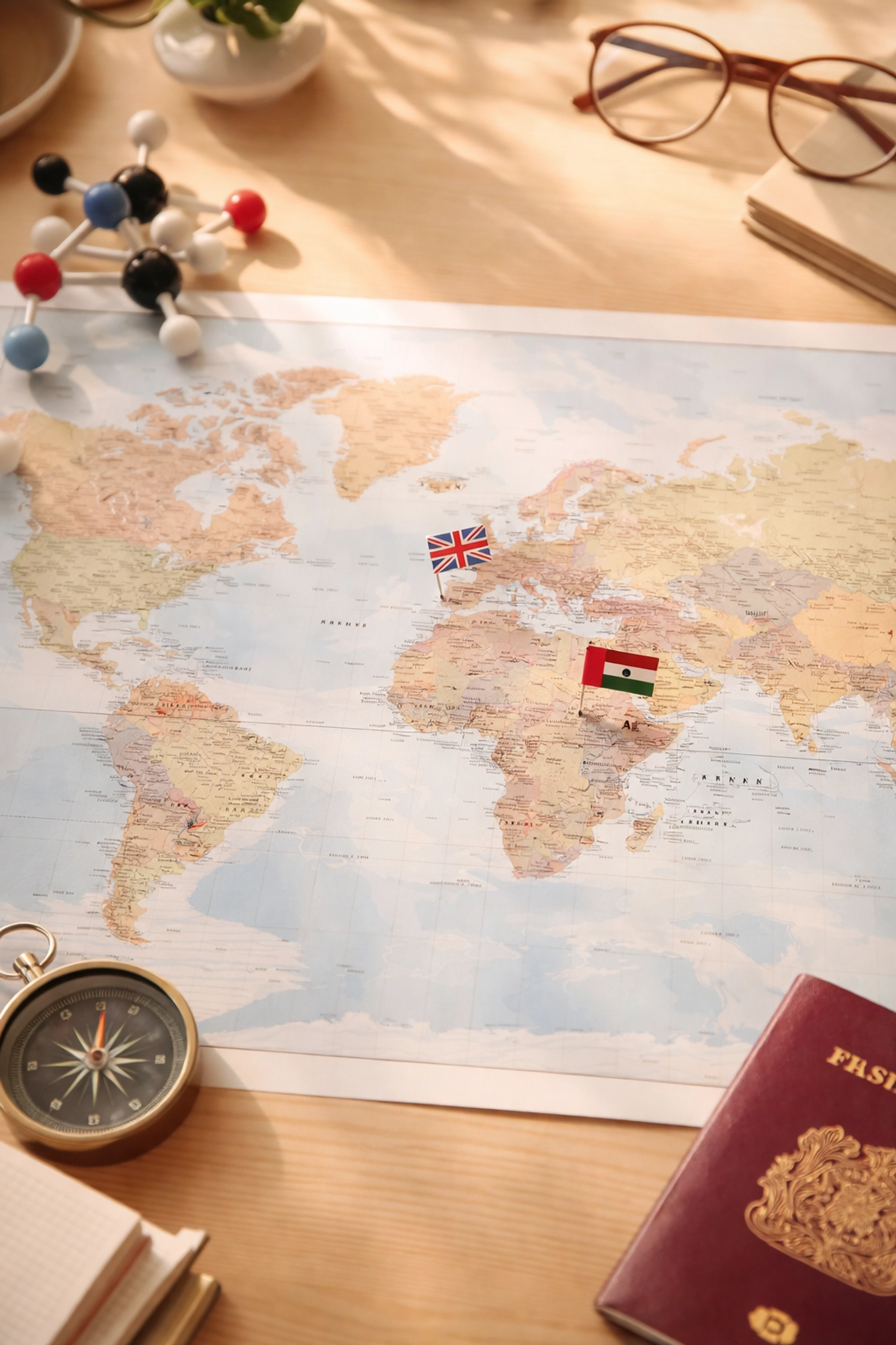 World map with UK and Dubai flags, chemistry model, and passport highlighting international Chemistry Olympiad participation