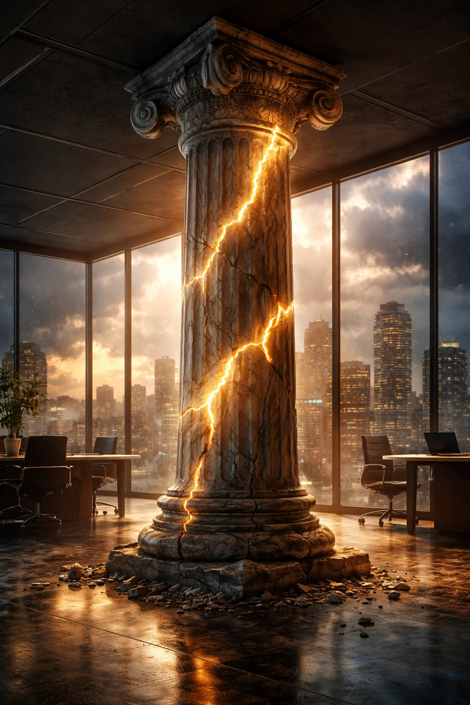 Symbolic image of a cracked marble column in a modern office, reflecting change in traditional portfolio strategies
