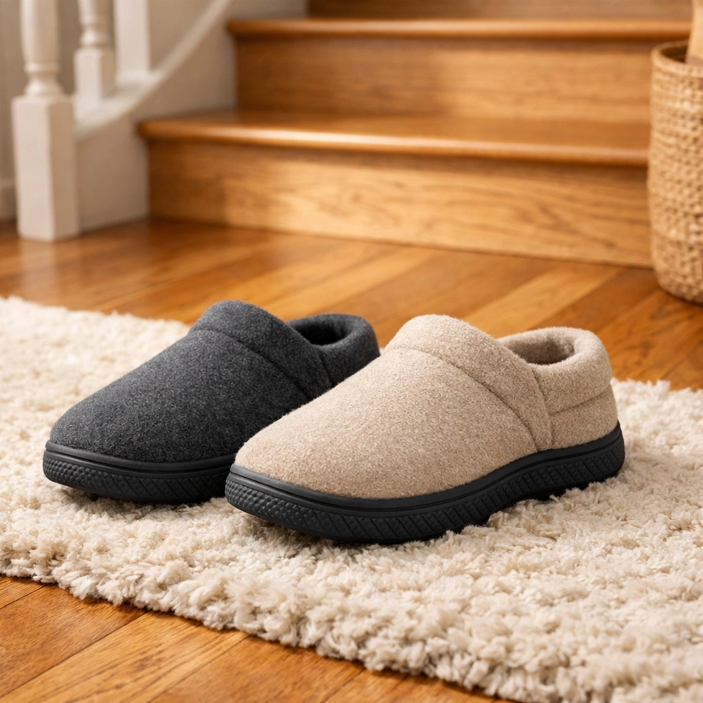 Non-slip indoor slippers with rubber soles for better traction and safety on stairs.
