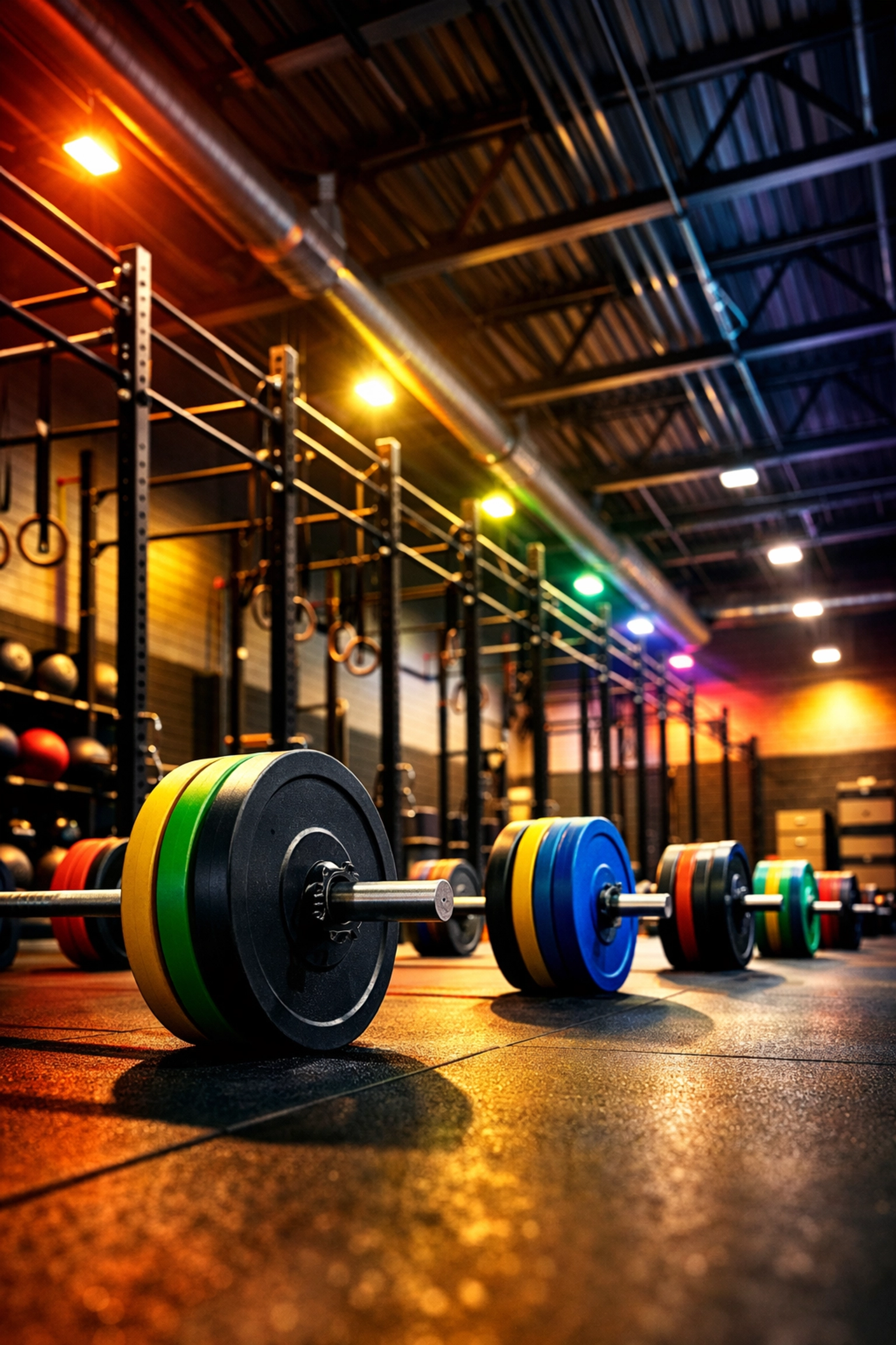 Pride-friendly CrossFit gym interior with barbells and training equipment