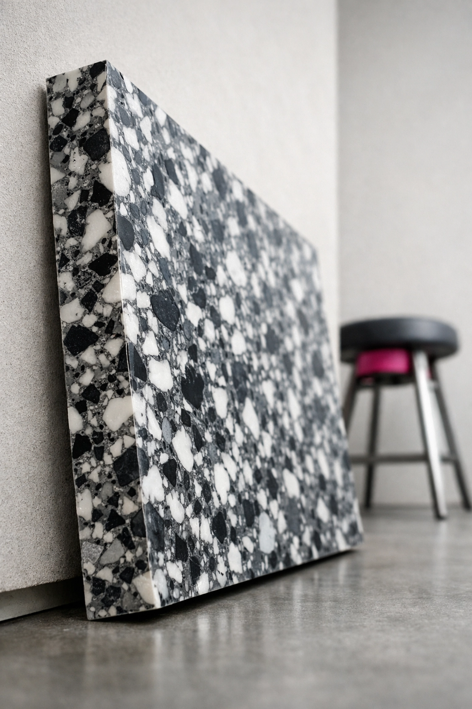 A 100% recycled plastic panel with a grey terrazzo finish for sustainable Australian construction.