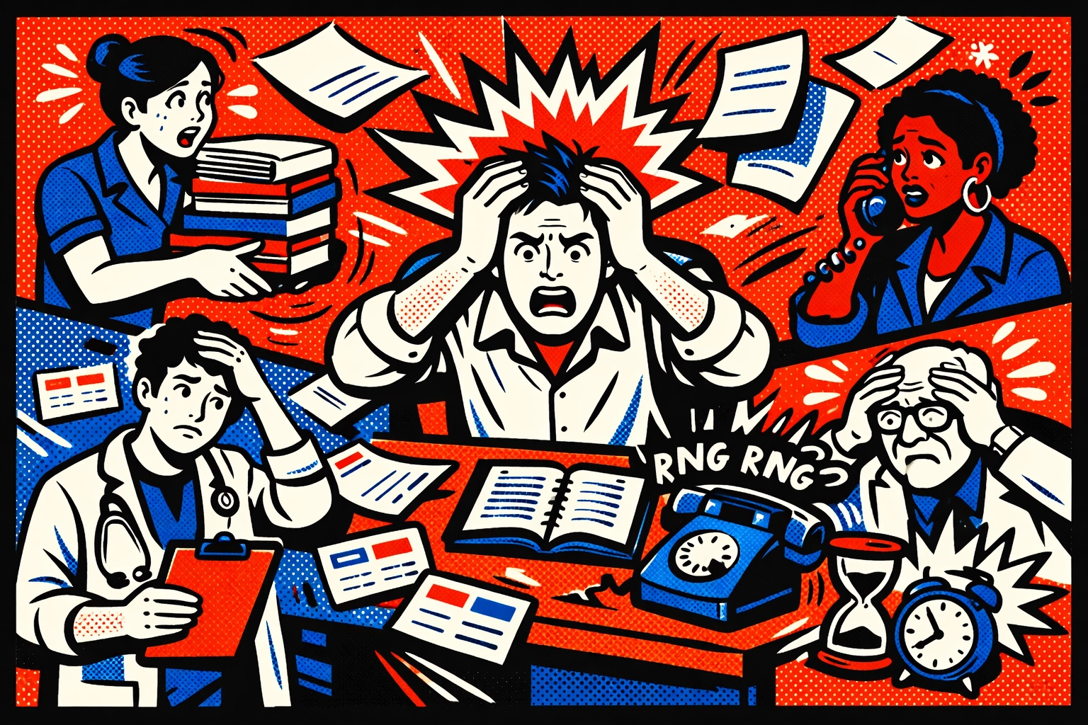 Retro comic-style wellness clinic owner overwhelmed by manual admin chaos before CRM optimization.