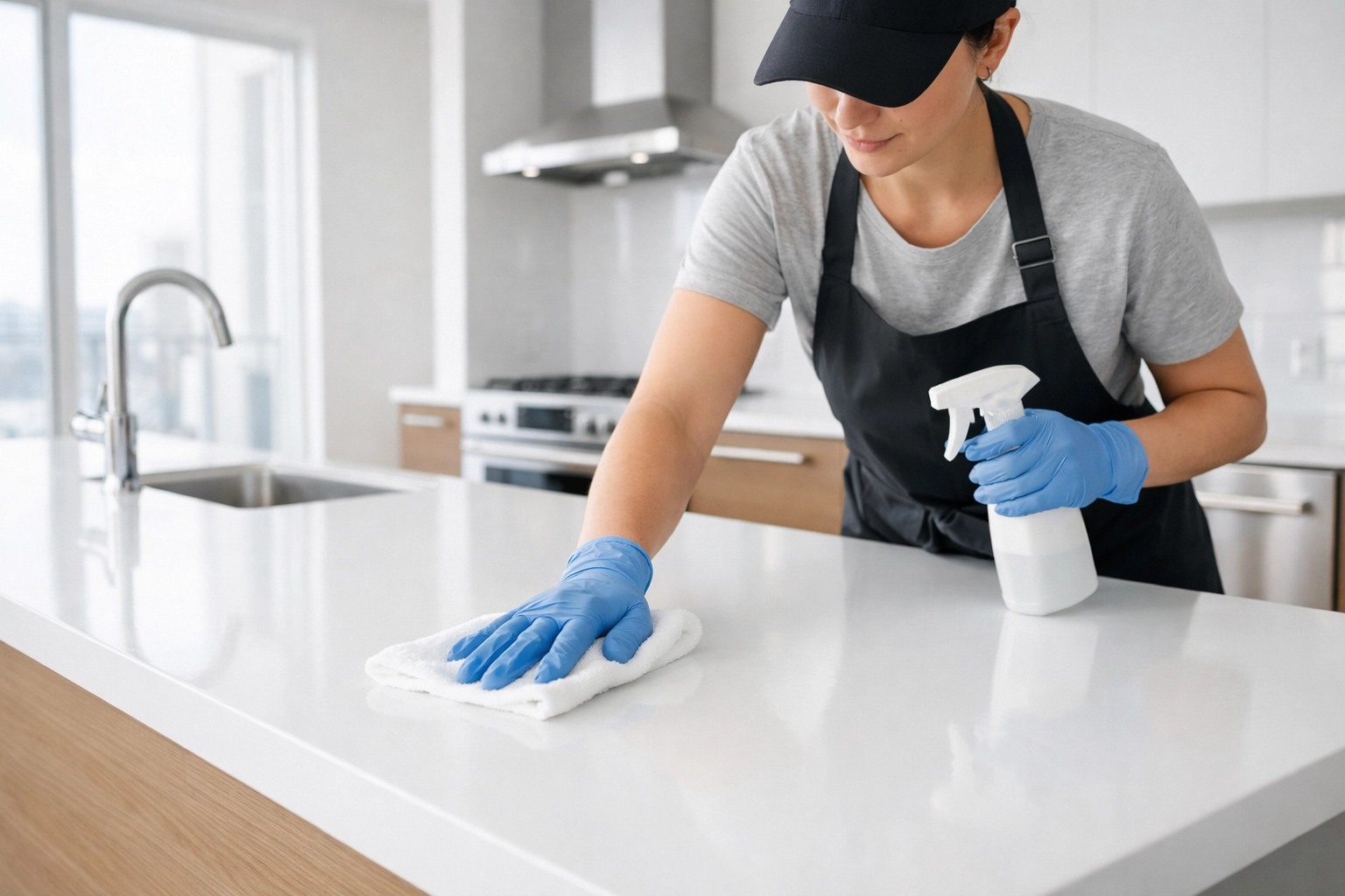 Professional cleaner wiping kitchen countertops during apartment turnover make-ready process