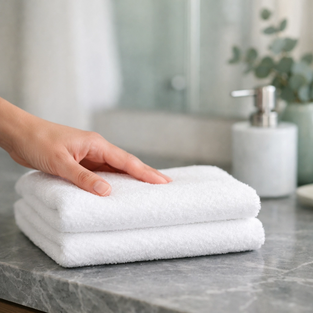 Housekeeper placing a fresh towel in a luxury bathroom, demonstrating the two-minute rule for hotel efficiency.