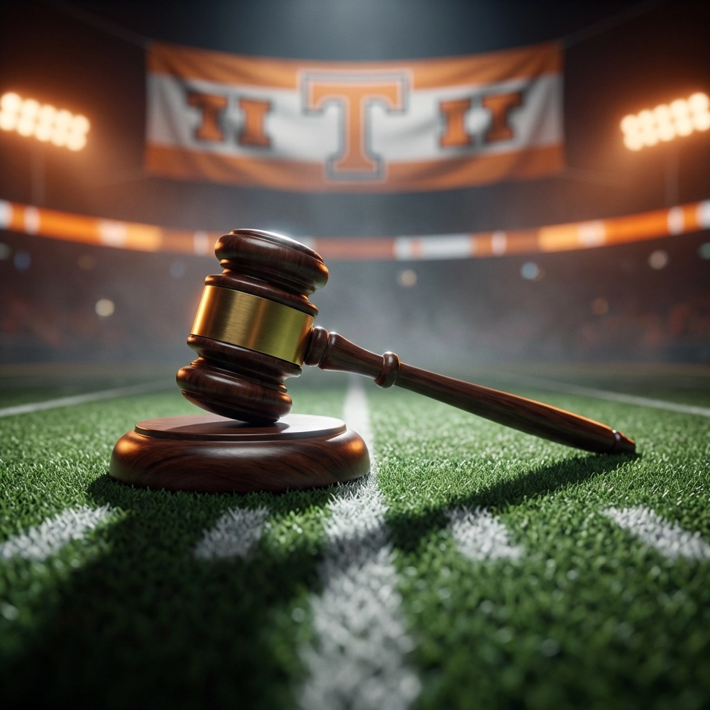Legal gavel on football field symbolizing Joey Aguilar’s eligibility lawsuit against NCAA and impact on Tennessee football