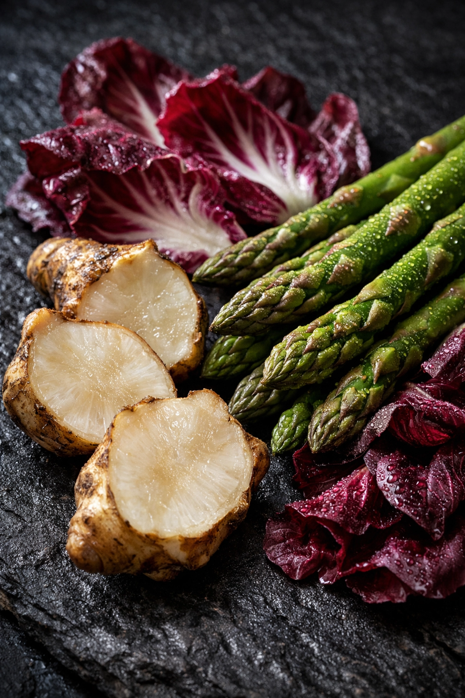 Fresh prebiotic fiber foods like asparagus and chicory root for healthy gut bacteria.