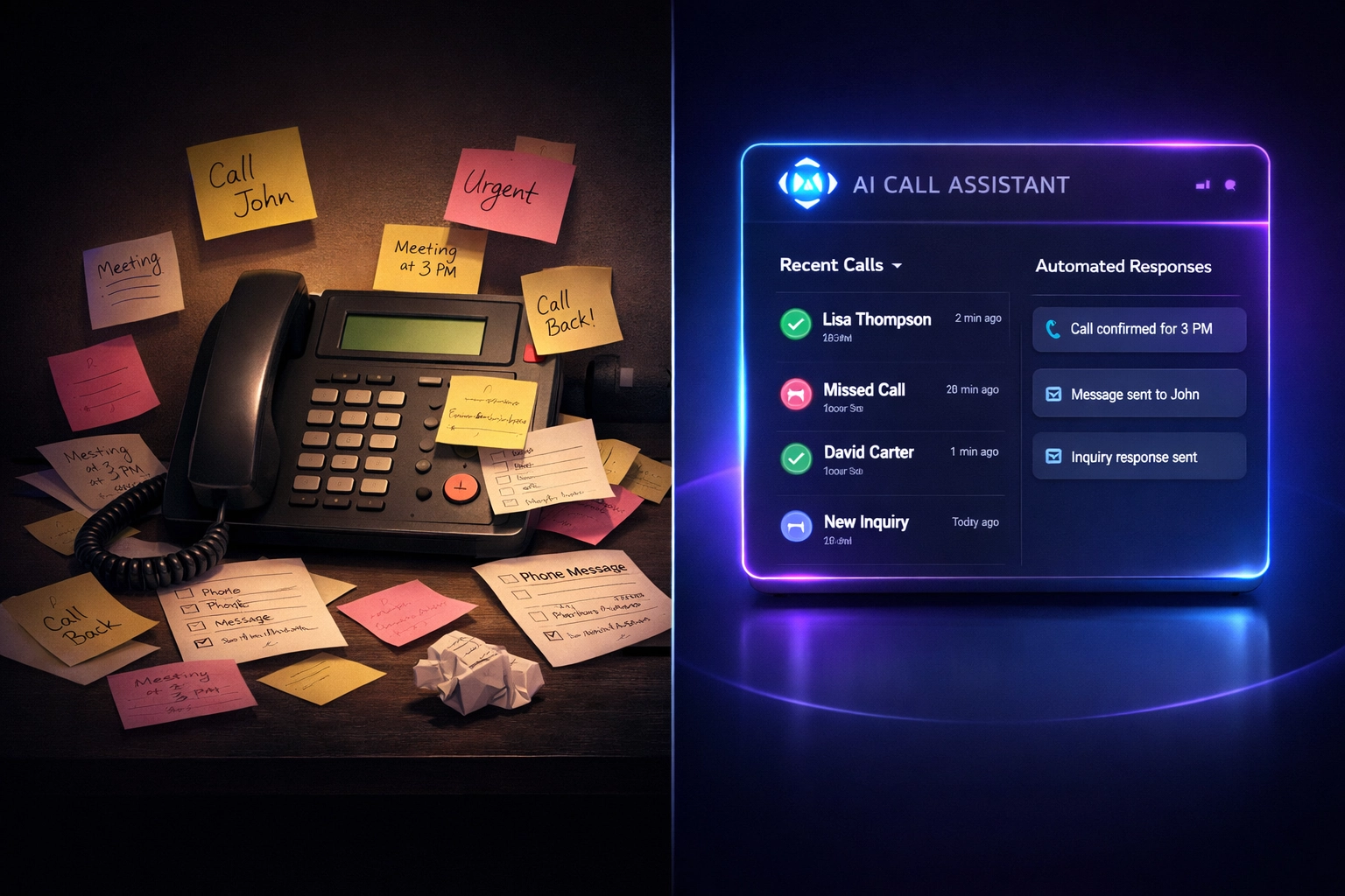 Comparison of traditional phone system versus modern AI receptionist dashboard
