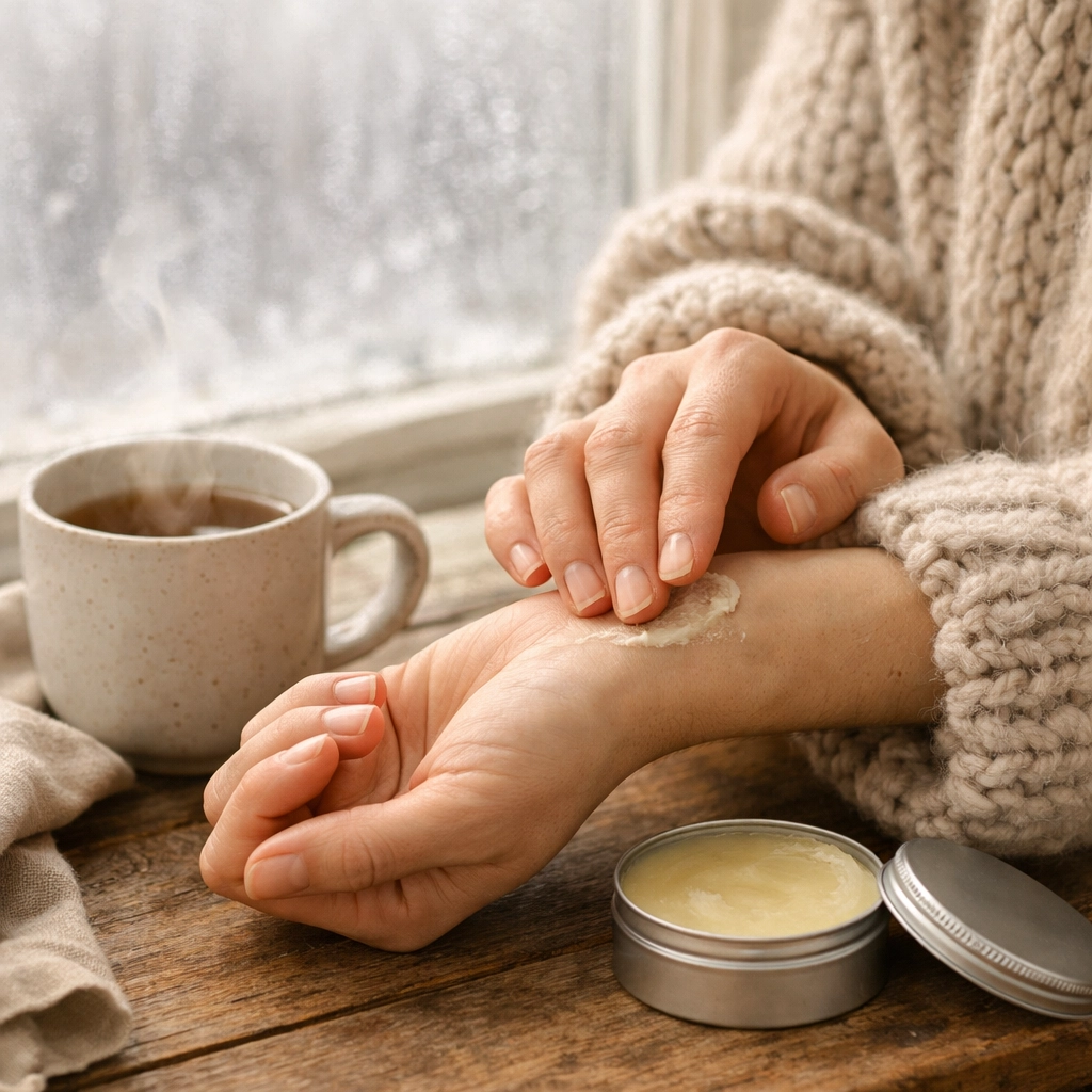 Woman applying hydrating tallow balm to wrist during morning winter skincare routine