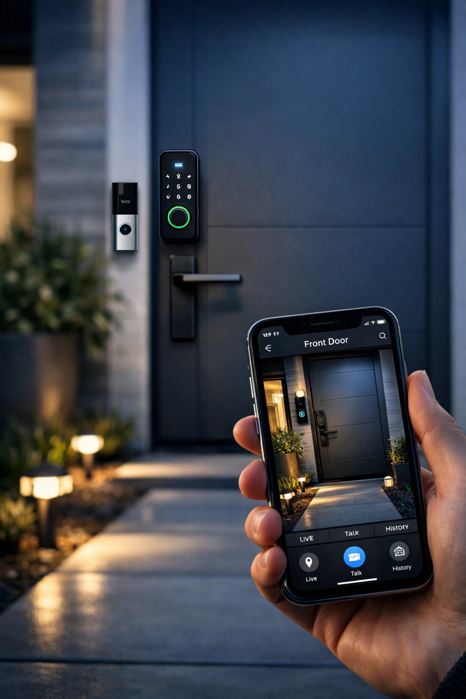 Smart lock and security camera monitoring on smartphone showing Control4 integrated home security