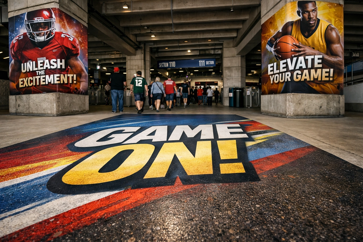 Custom floor graphics and pillar wraps providing immersive brand coverage in a stadium entryway.