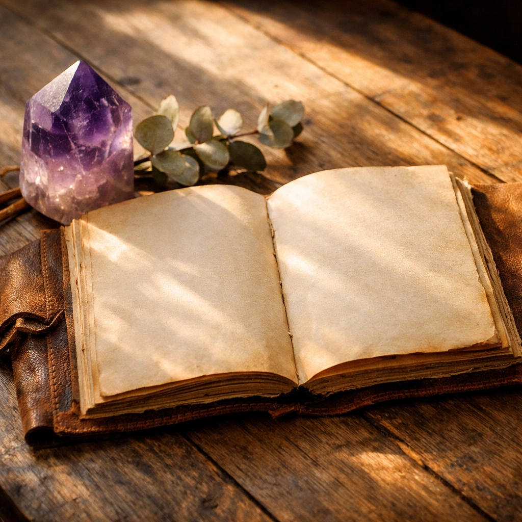 An open journal and amethyst crystal on a wooden table for daily mental health reflection.