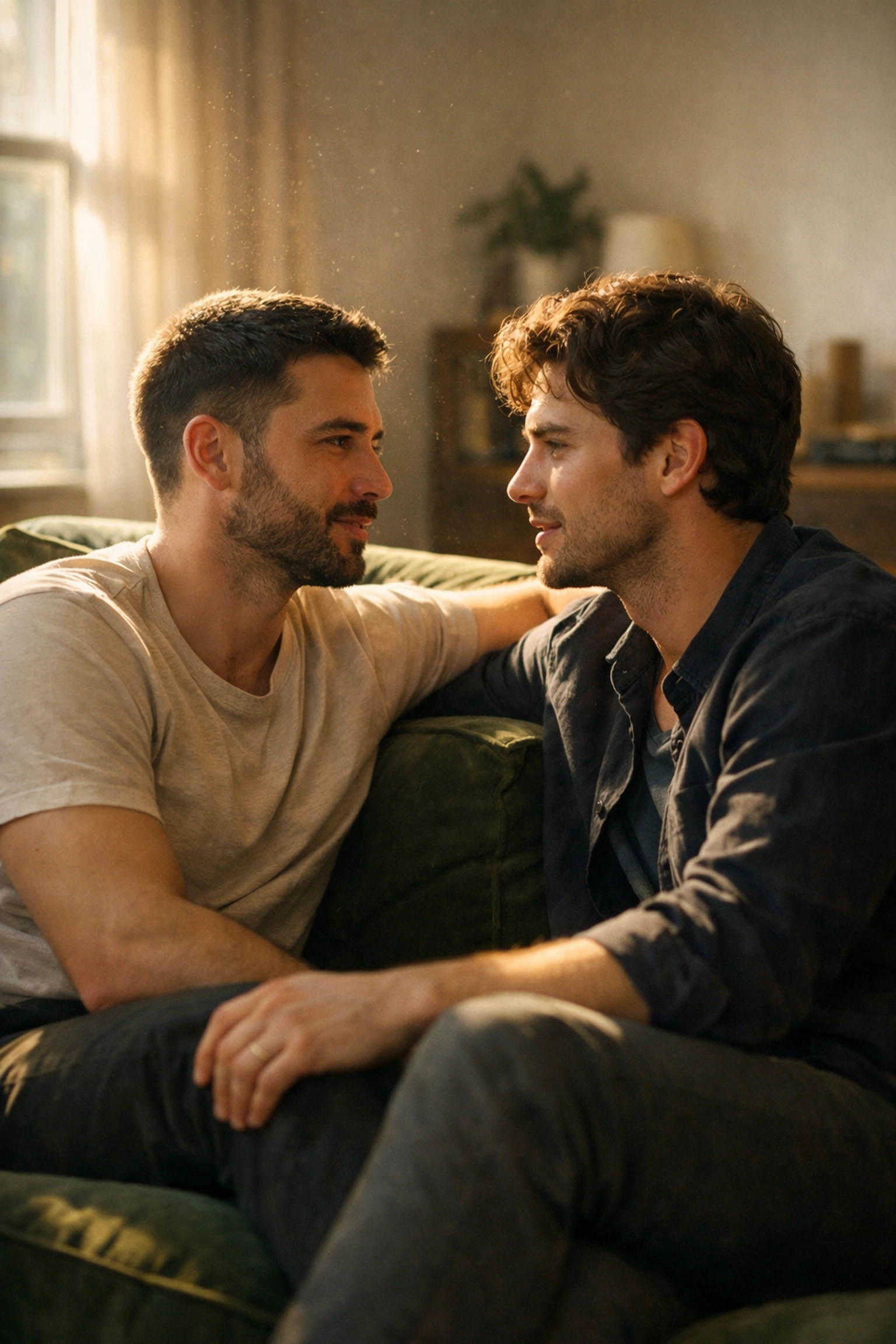 Gay couple discussing intimacy and building trust during a quiet moment together on a sofa.