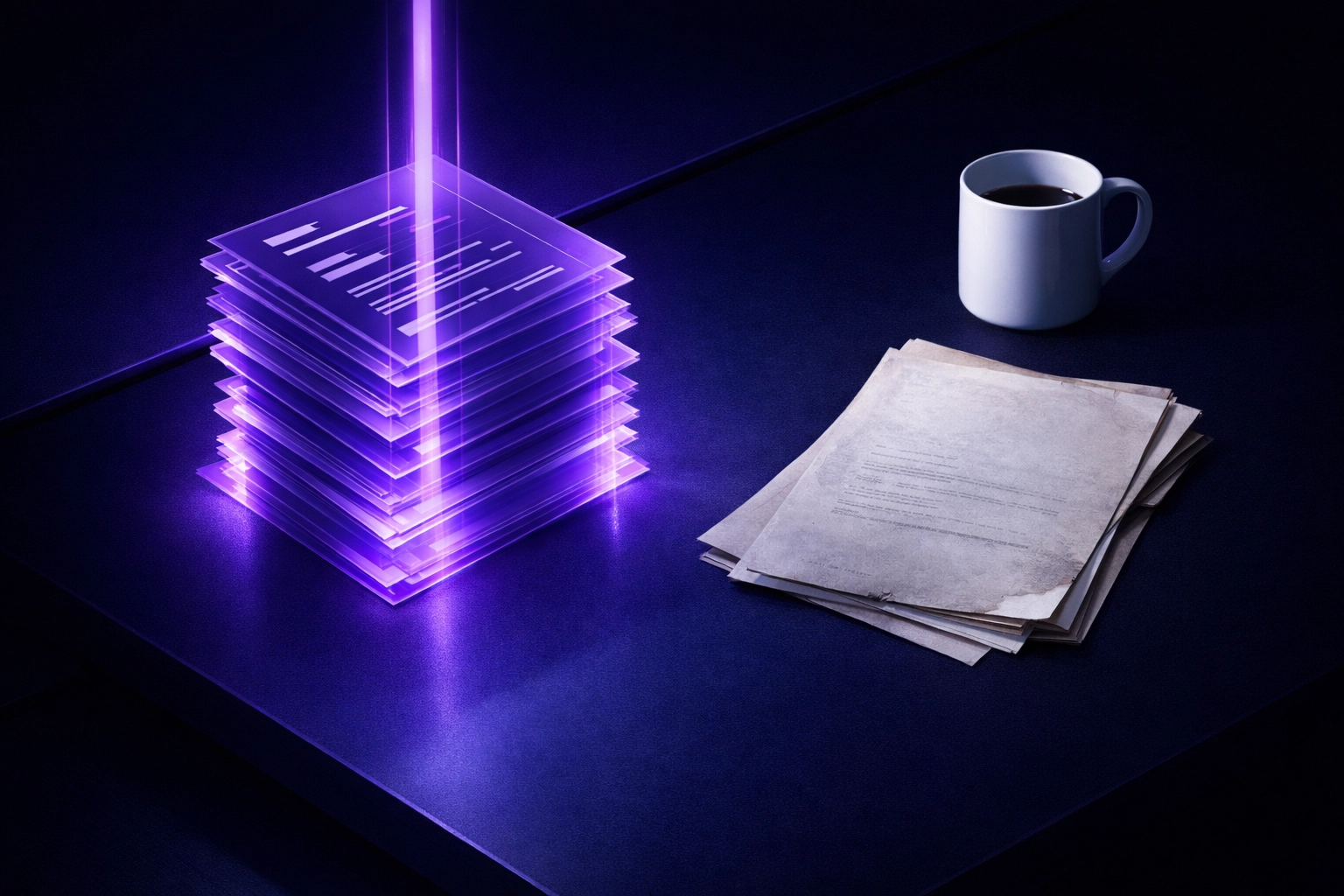Organized digital real estate documents glowing next to traditional paper files for a seamless transaction.