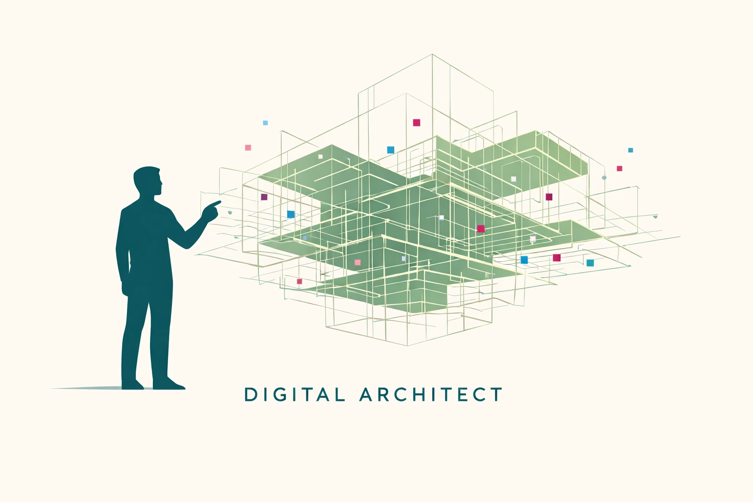 A digital architect silhouette organizing complex data systems to focus on high-level SEO strategy.