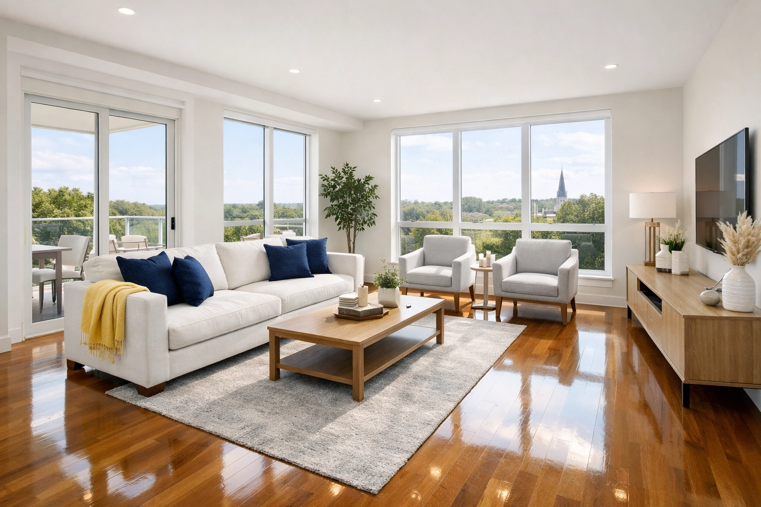 Sun-drenched living room with polished floors following professional apartment cleaning in Milford.