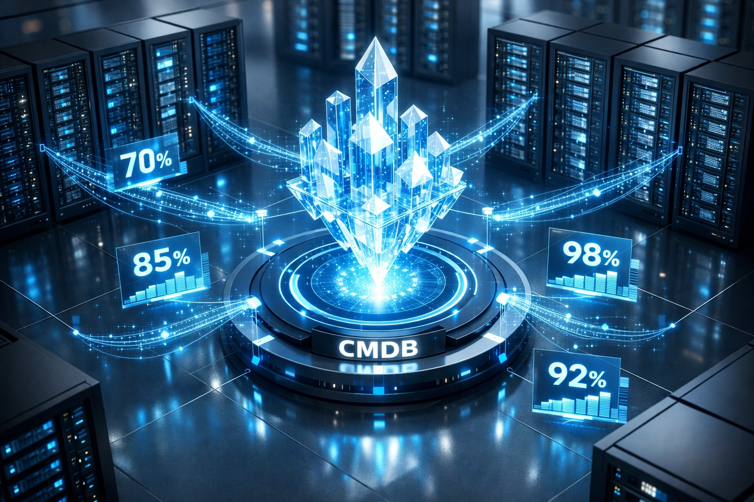 ServiceNow CMDB database visualization showing data accuracy improvement from 70% to 98% for ITOM