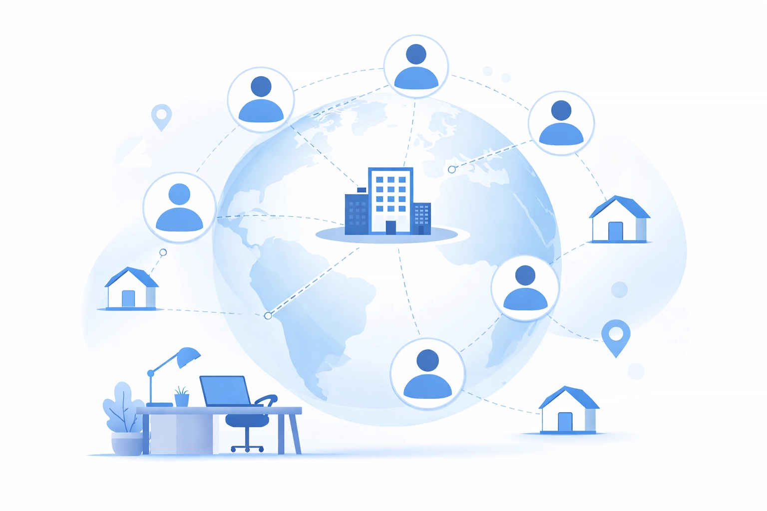 Connected network of people and offices, representing comprehensive IT support for remote and distributed teams.