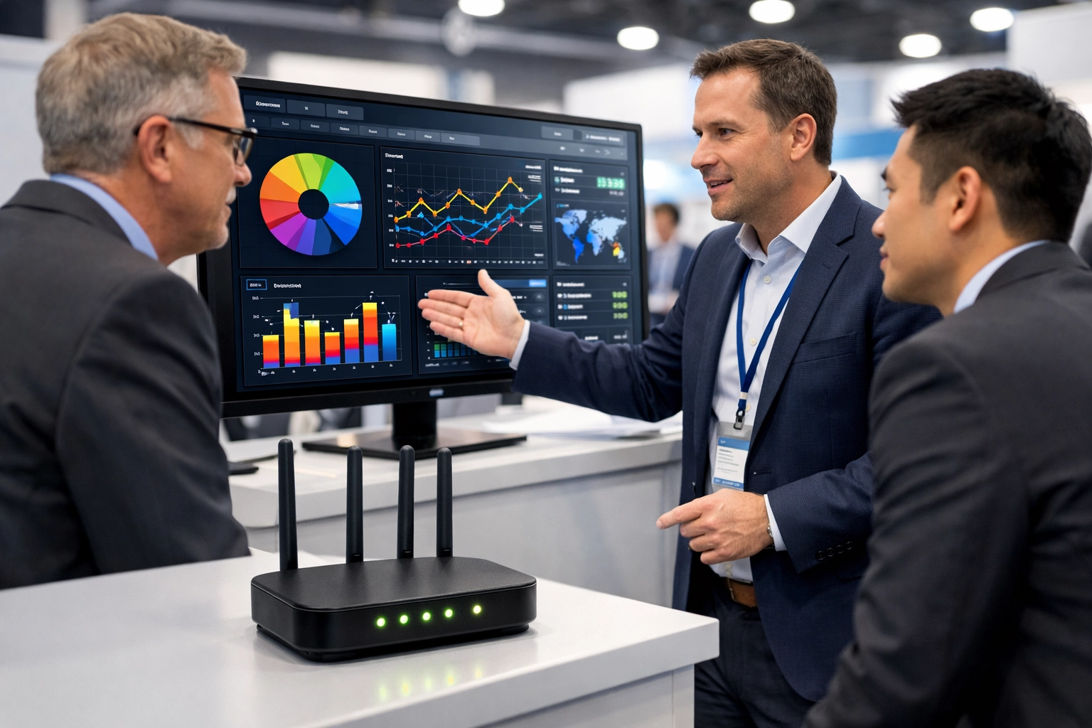 Successful product demo at exhibition booth with reliable WiFi and engaged business clients