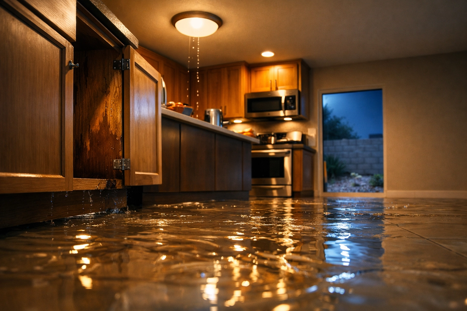 Emergency plumbing Mesa: Water flooding a kitchen floor from a ceiling leak in an Arizona home.